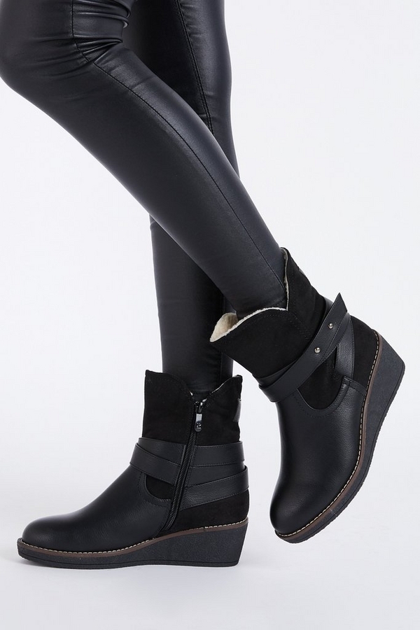 Black Faux Leather Wedge Ankle Boots
