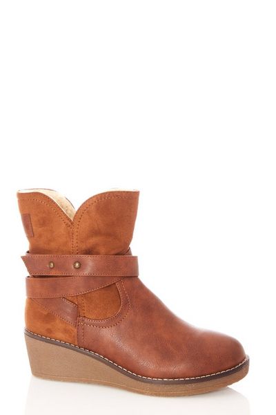 Tan Faux Leather Wedge Ankle Boots