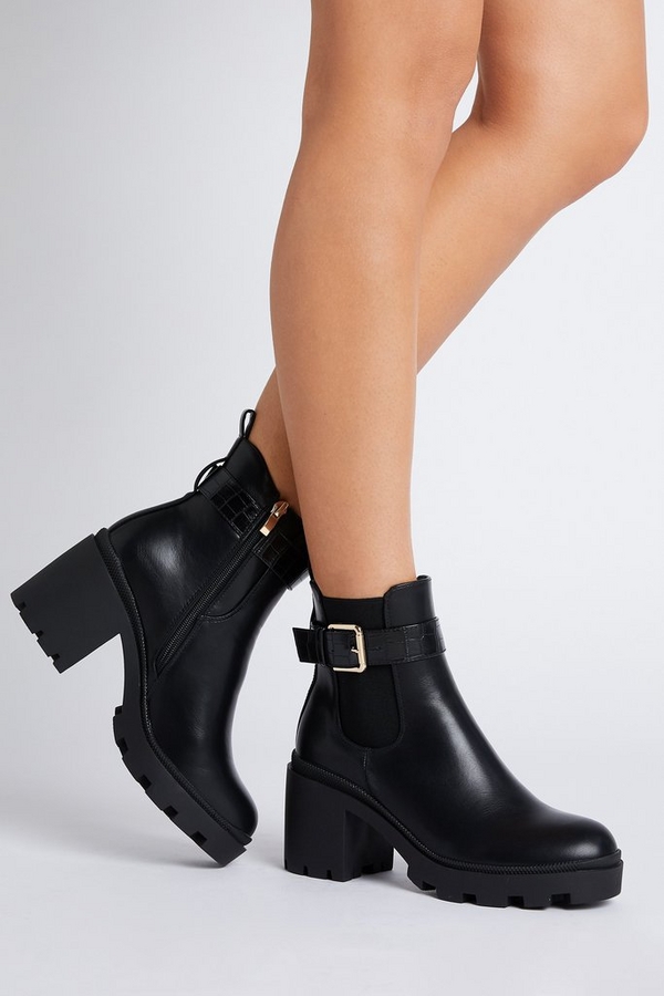 Black Faux Leather Heeled Ankle Boot