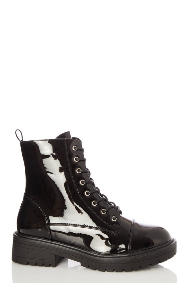 Black Patent Chunky Lace Up Boots