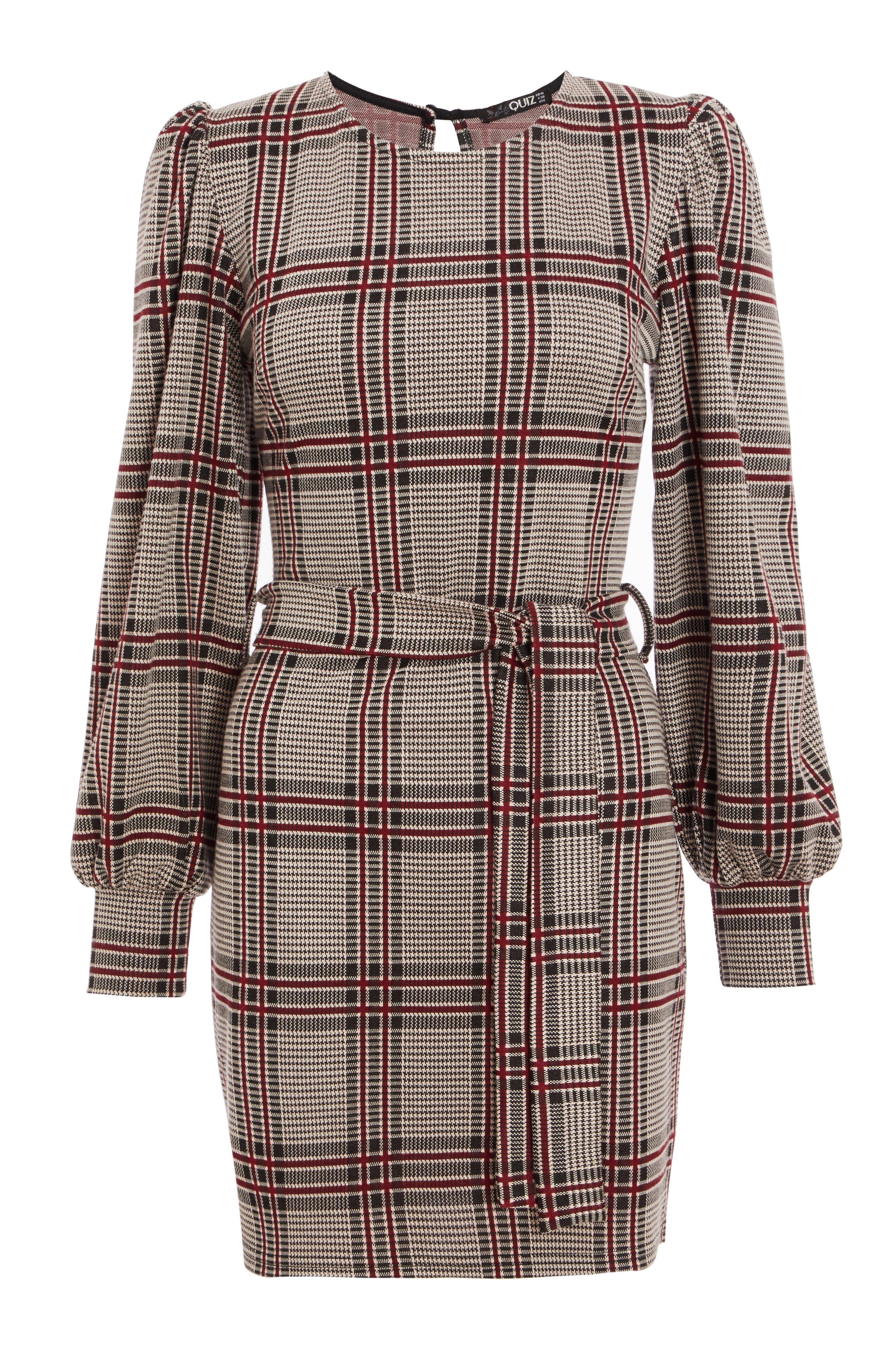 Berry Check Puff Sleeve Dress - Quiz Clothing