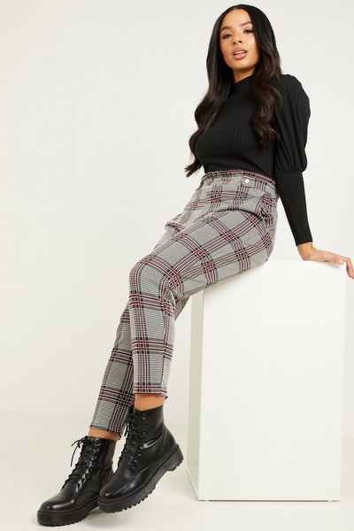 Berry Check Button Detail Trousers