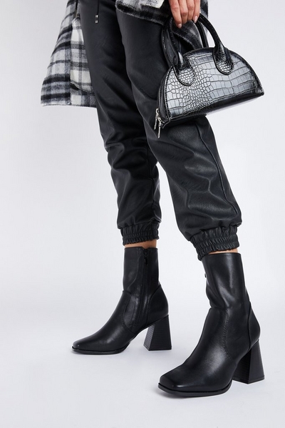 Black Faux Leather Square Toe Ankle Boot