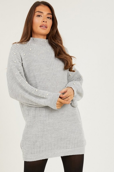 Grey Pearl Knitted Jumper Dress