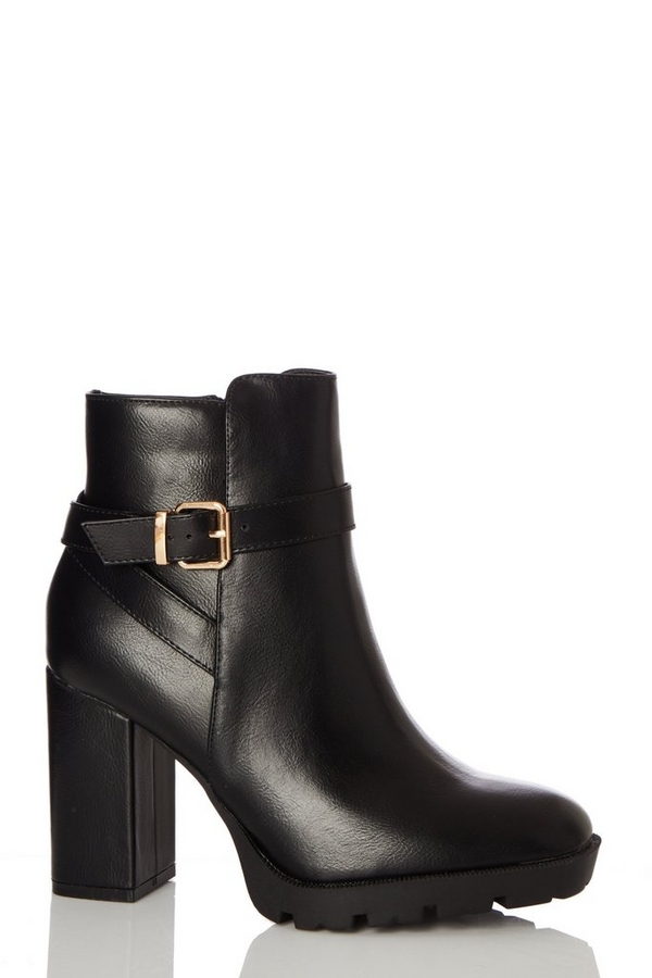 Wide Fit Black Buckle Heeled Boots