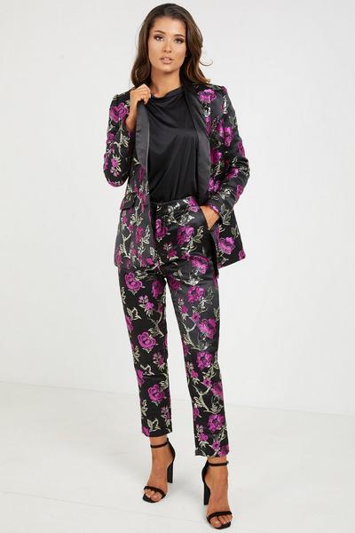Black Magenta Jacquard Straight Leg Embroidered Trousers