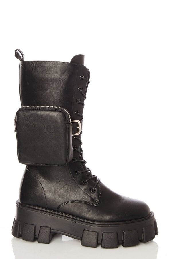 Black Faux Leather Pouch Calf Boots