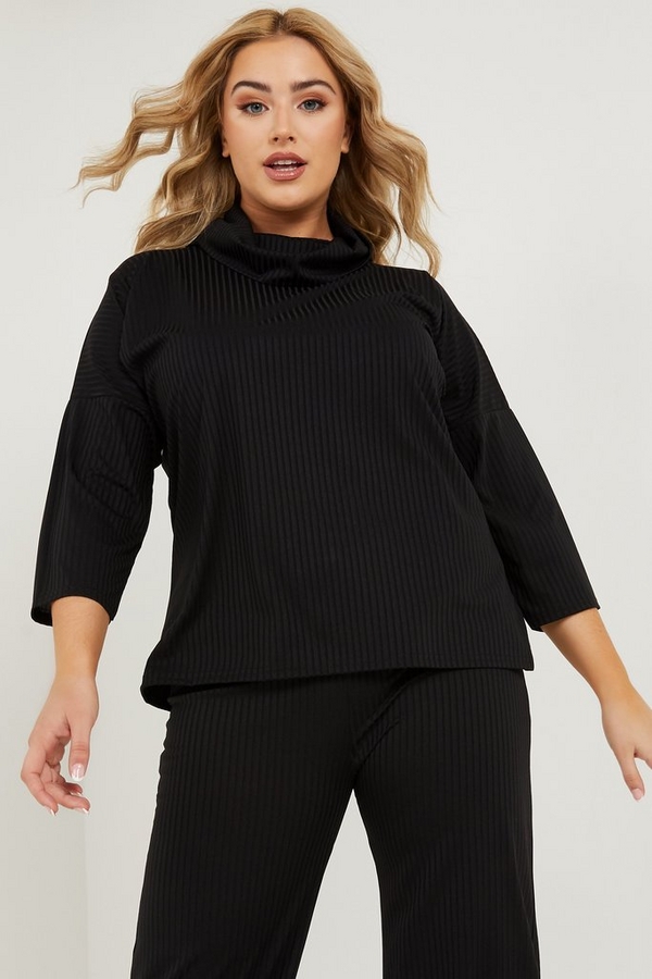 Curve Black Ribbed Roll Neck Top