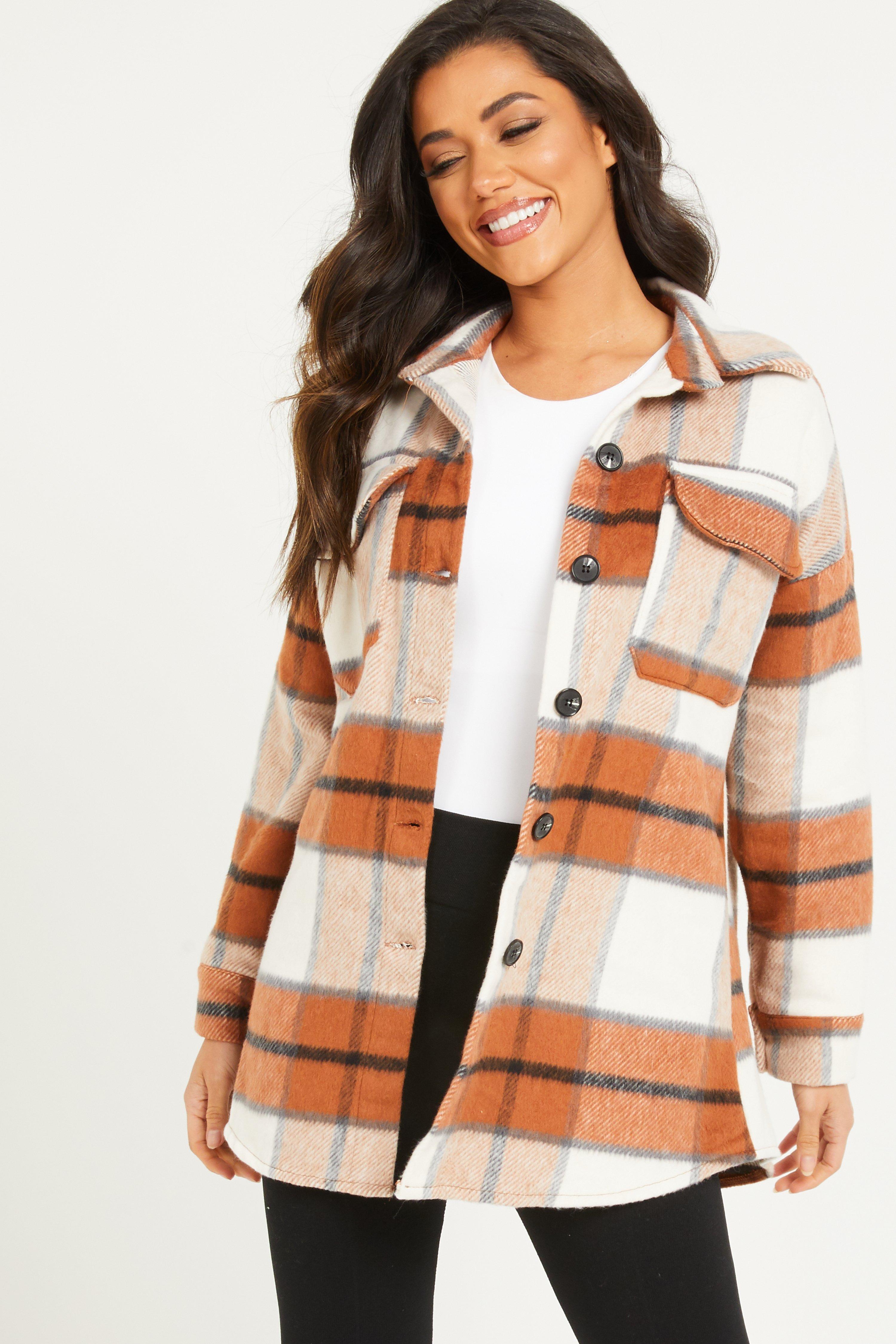 quiz checked faux fur trim jacket