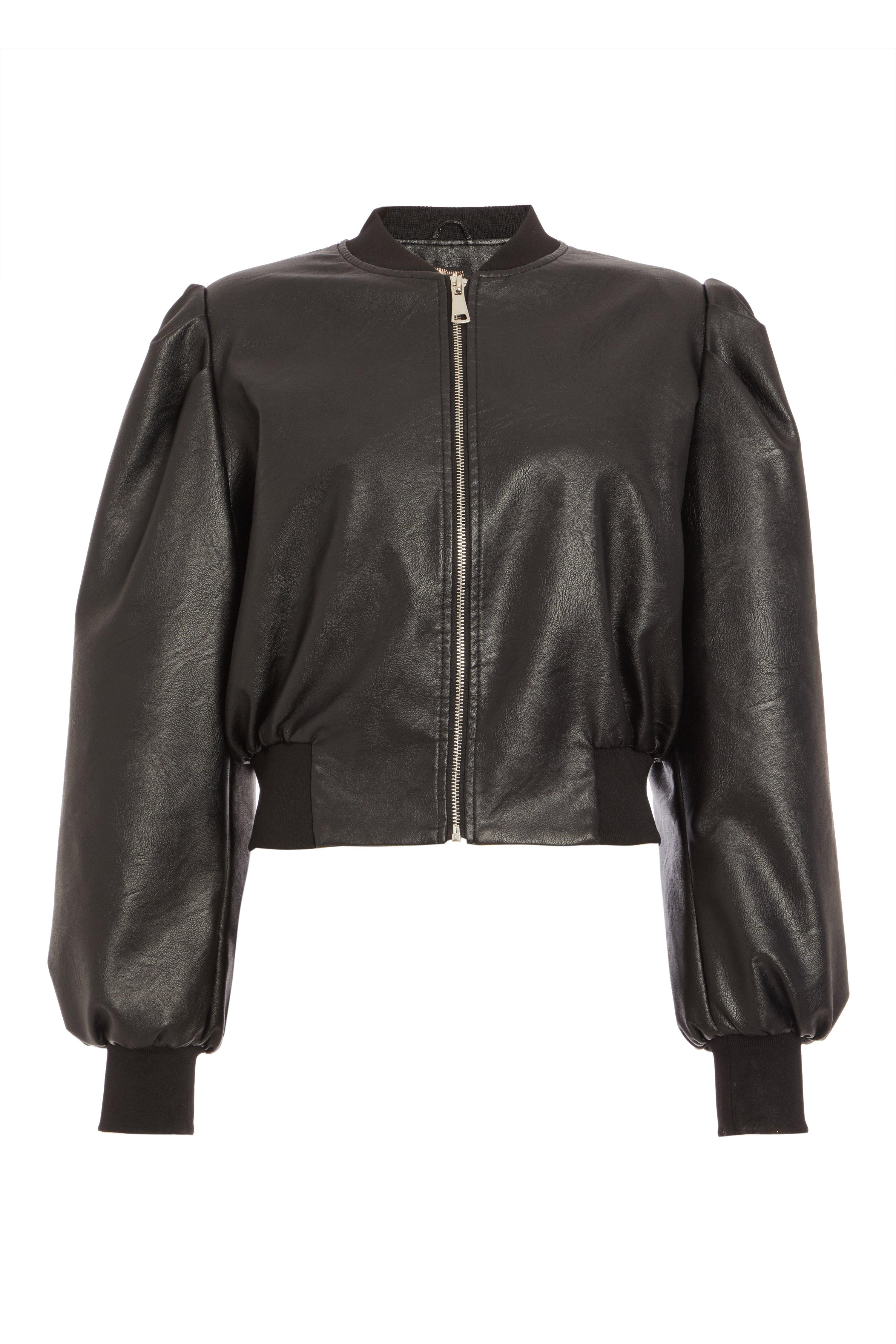 Black Faux Leather Cropped Bomber Jacket - Quiz Clothing