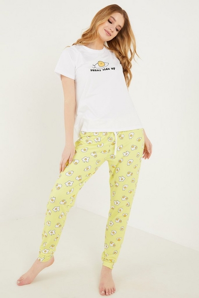 Yellow Slogan Long Pyjama Set