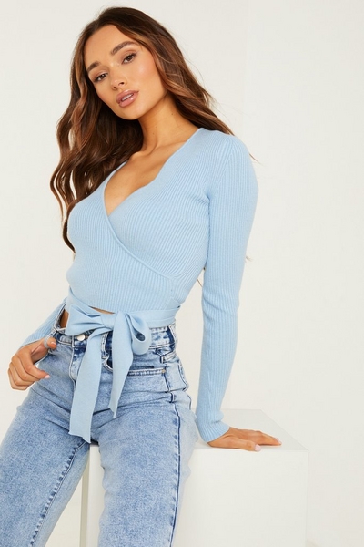 Blue Knitted Wrap Jumper