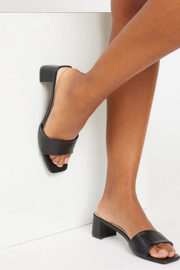 Black Faux Leather Heeled Mule Sandals