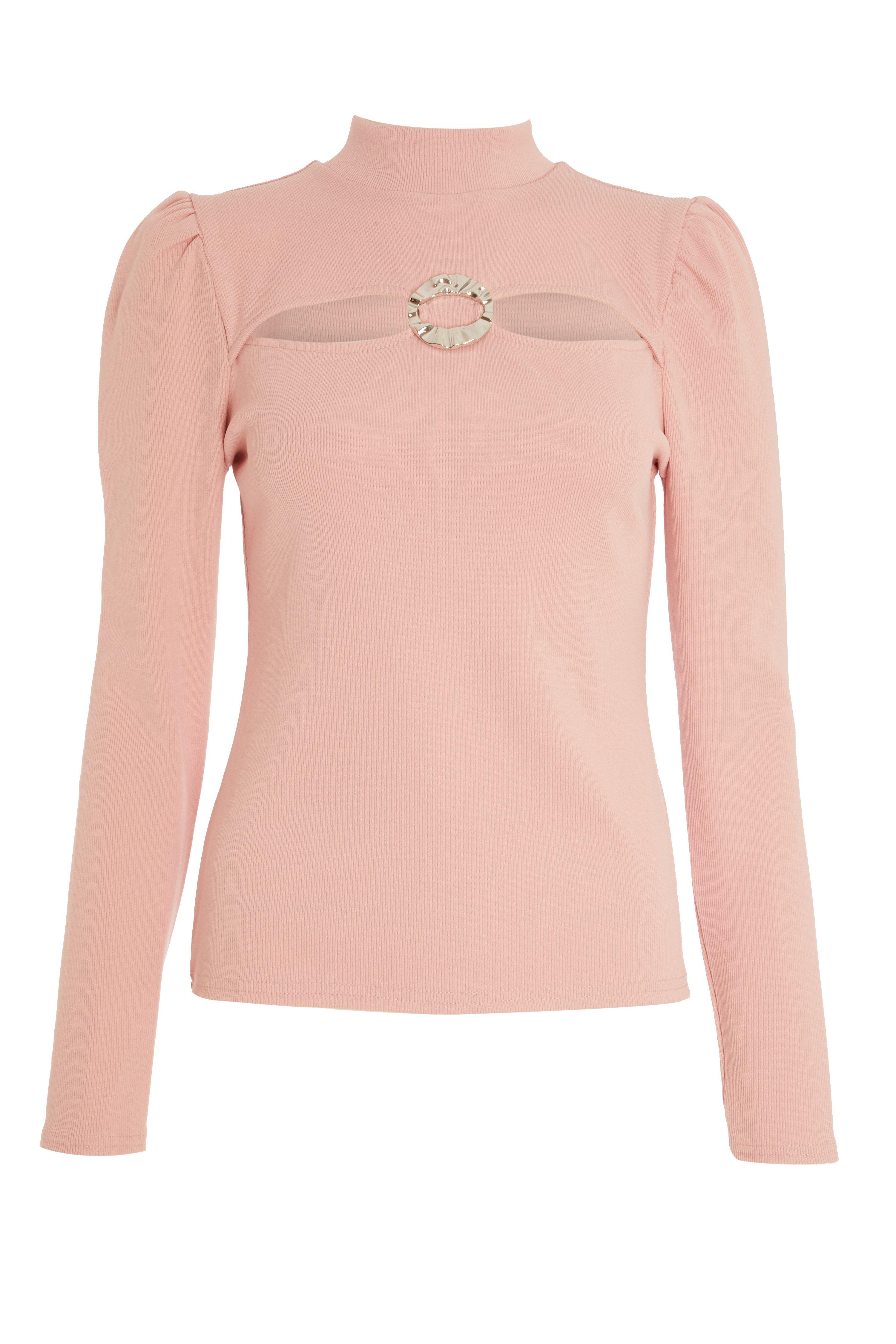Pink Ribbed Puff Sleeve Top - Quiz Clothing