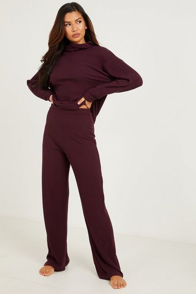 Plum Ribbed Palazzo Trousers