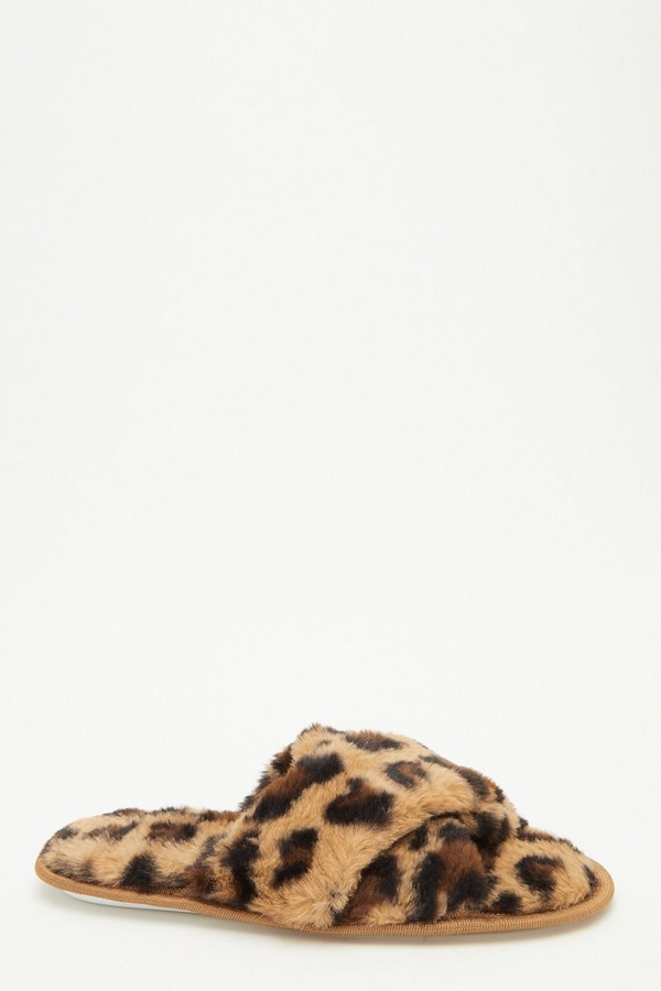 Brown Leopard Print Fluffy Cross Slippers