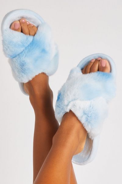 Blue Faux Fur Cross Slippers