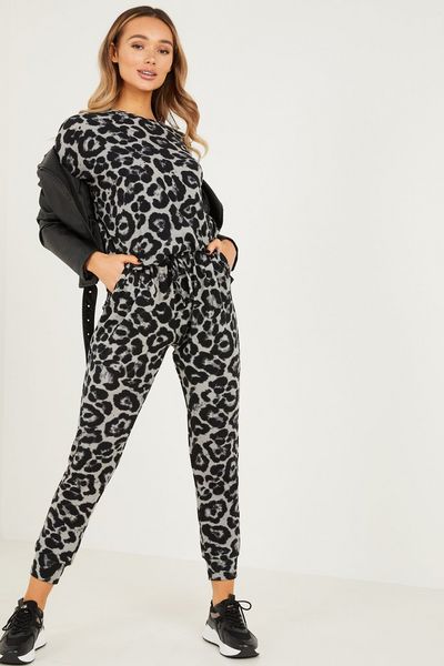 Grey Leopard Print Knitted Lounge Set