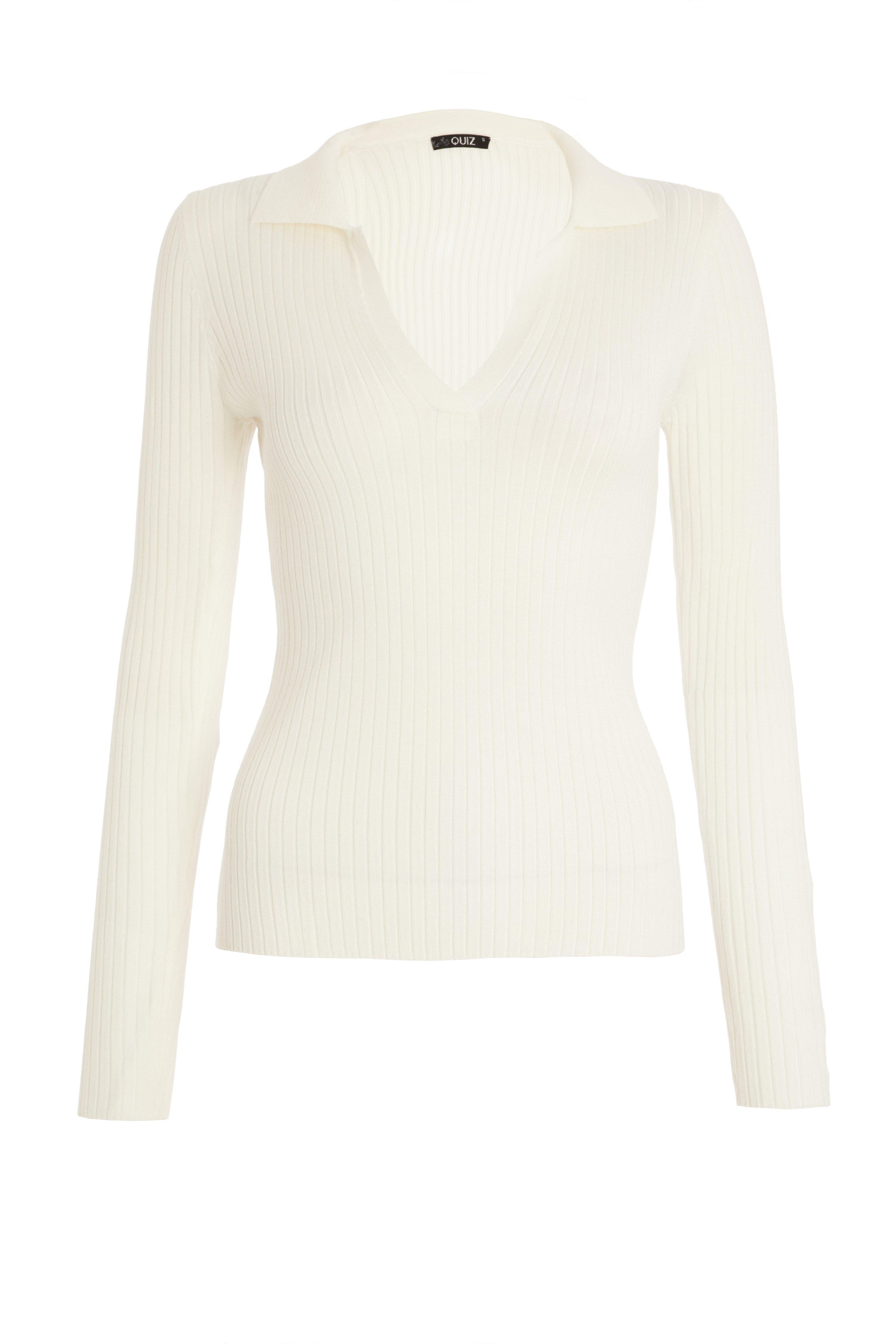 White Light Knit Polo Top - Quiz Clothing