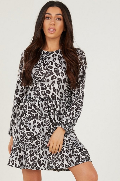 Petite Grey Leopard Print Tiered Dress