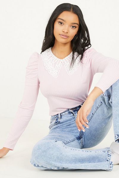 Pink Ribbed Crochet Collar Top