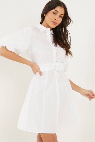 White Puff Sleeve Shirt Dress