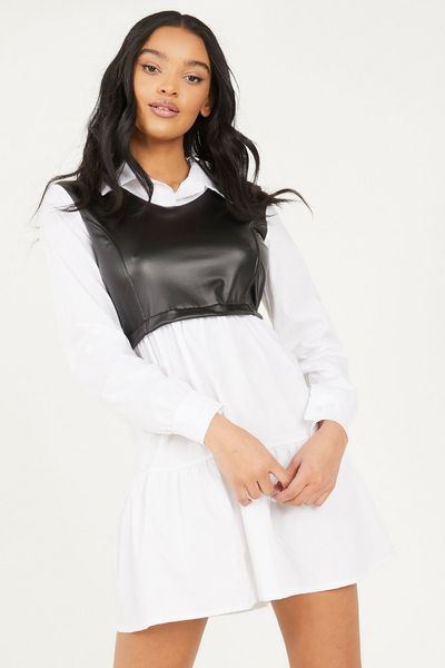 White & Black Faux Leather Shirt Dress