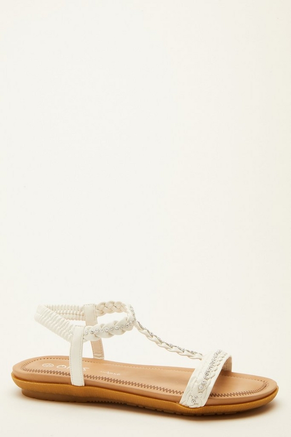Comfort White Diamante Flat Sandals