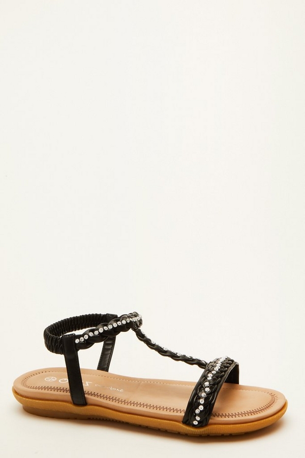 Comfort Black Diamante Flat Sandals