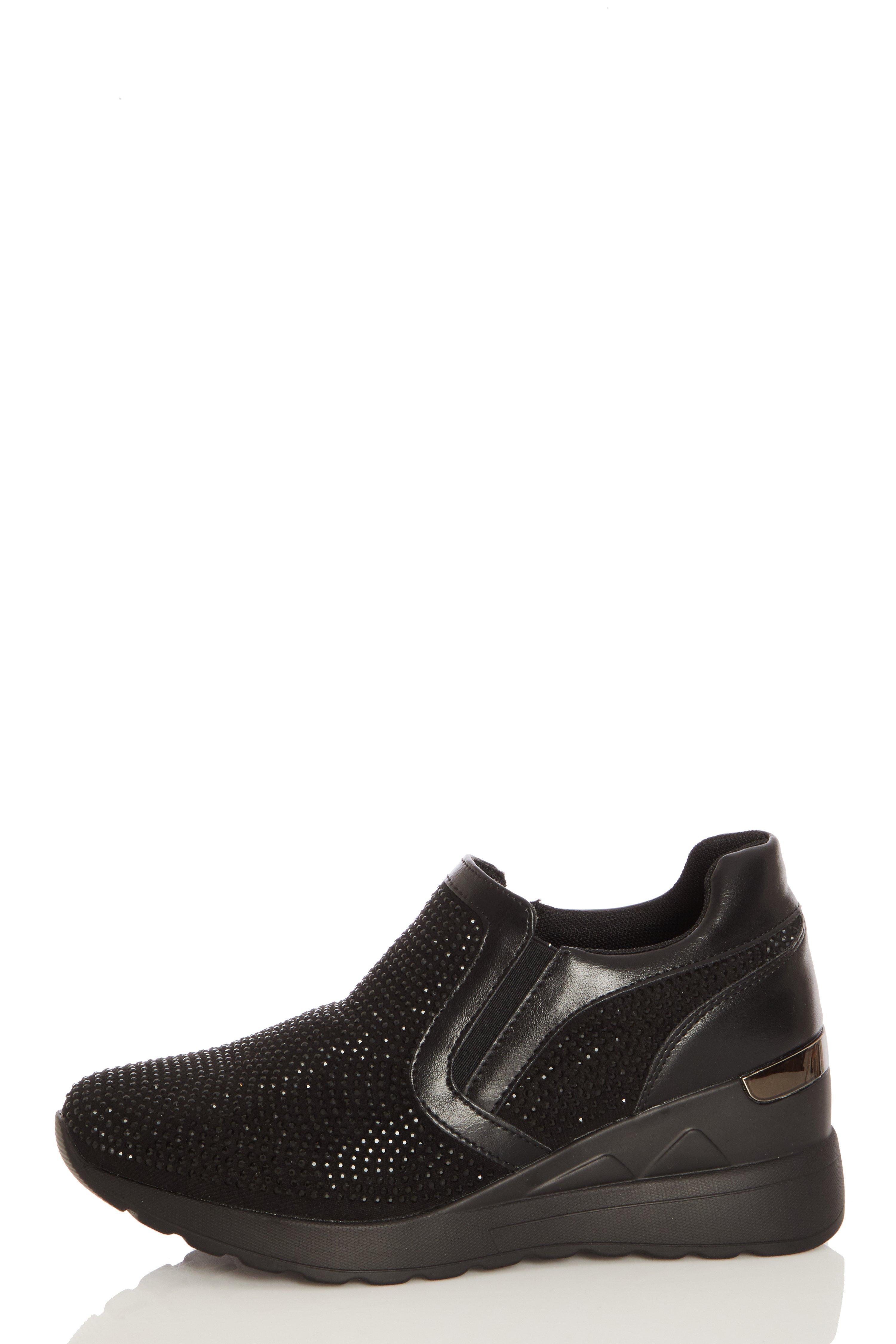 black faux fleece cuff wedge heel trainers