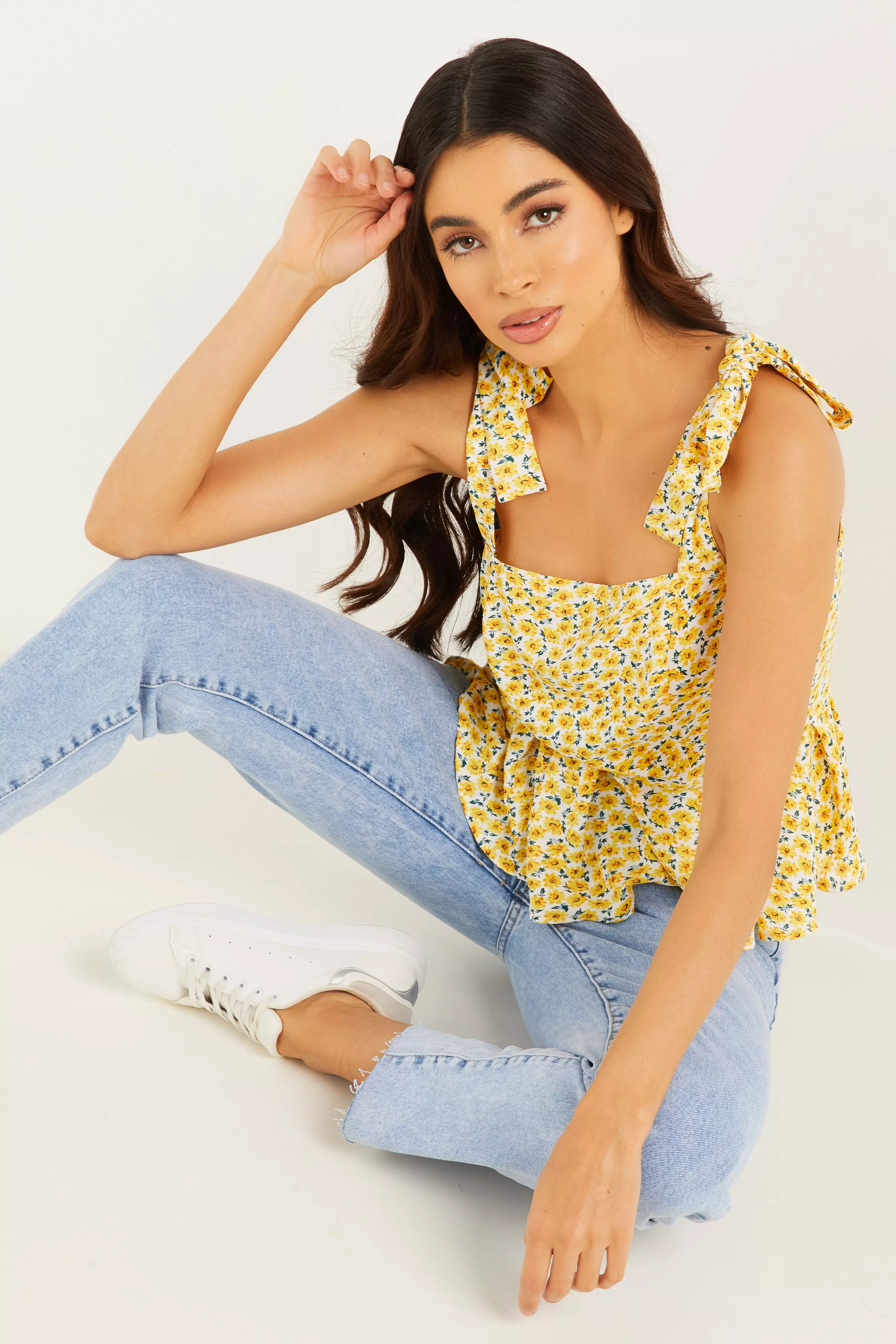 Yellow Floral Peplum Top QUIZ Clothing