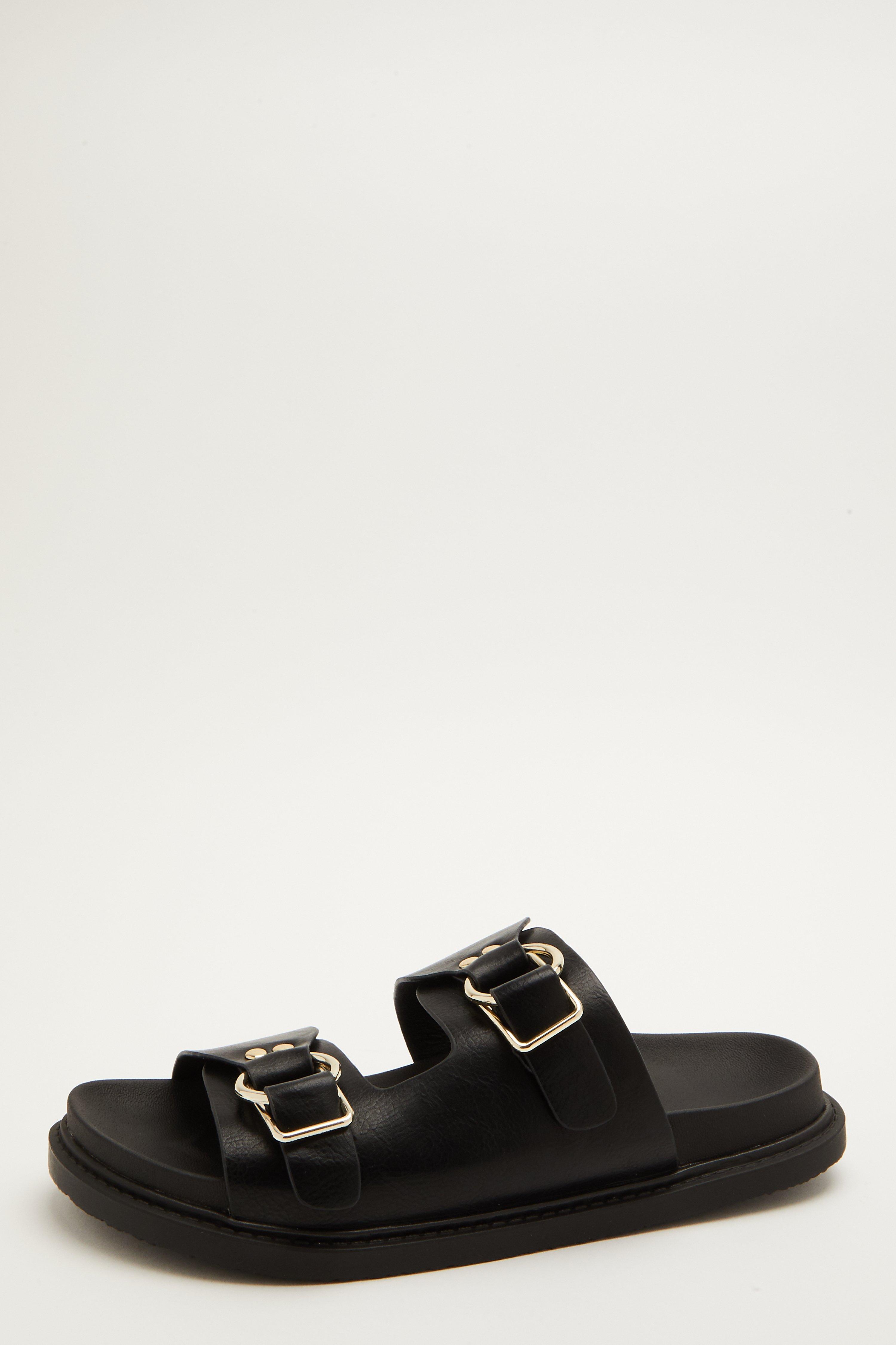 Black Faux Leather Buckle Sliders - Quiz Clothing