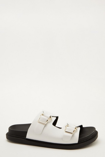 White Faux Leather Buckle Sliders
