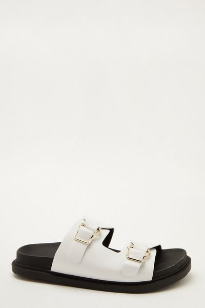 White Faux Leather Buckle Sliders