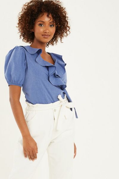 Blue Chambray Wrap Puff Sleeve Top