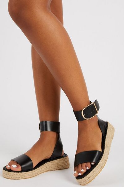 Black Faux Leather Wedge Sandals