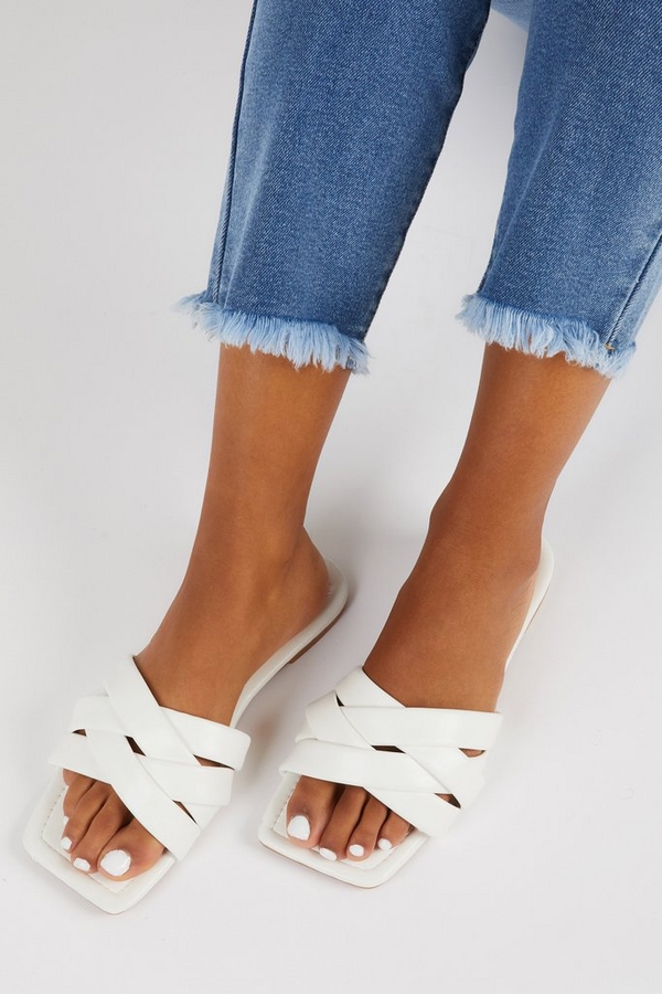 White Faux Leather Woven Mule Sandals - Quiz Clothing