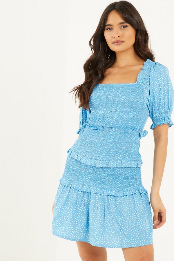 Blue Shirred Smudge Spot Print Dress