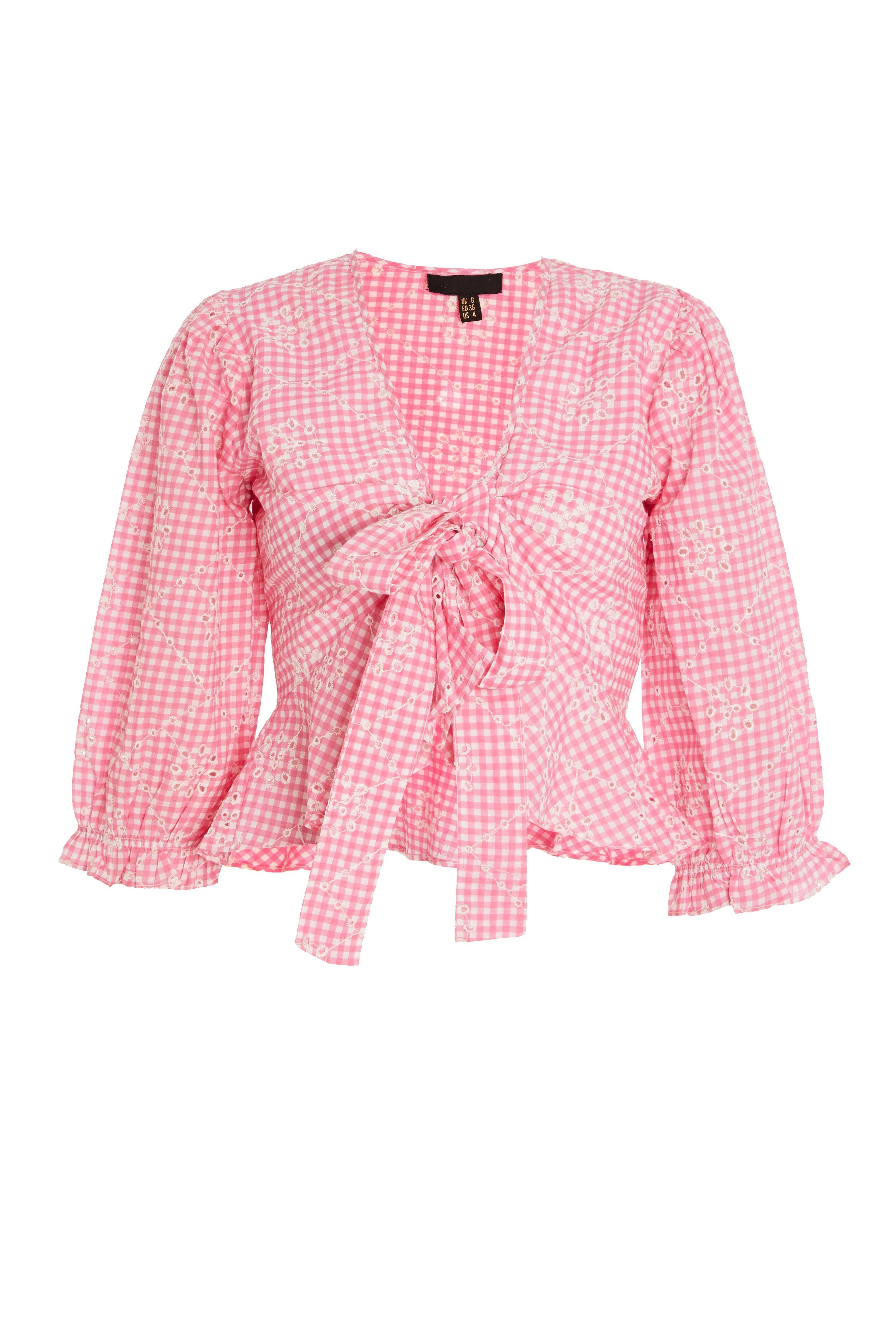 Pink Gingham Tie Front Top - Quiz Clothing