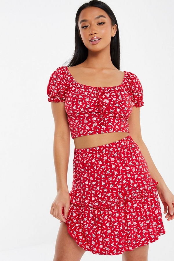Petite Red Floral Frill Skirt