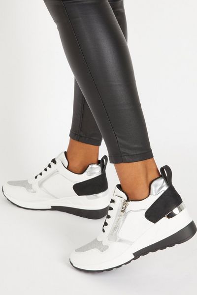White Faux Leather Zip Wedge Trainer