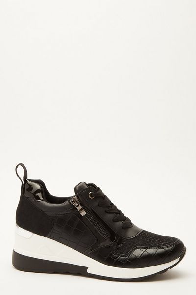 Black Faux Leather Zip Wedge Trainer