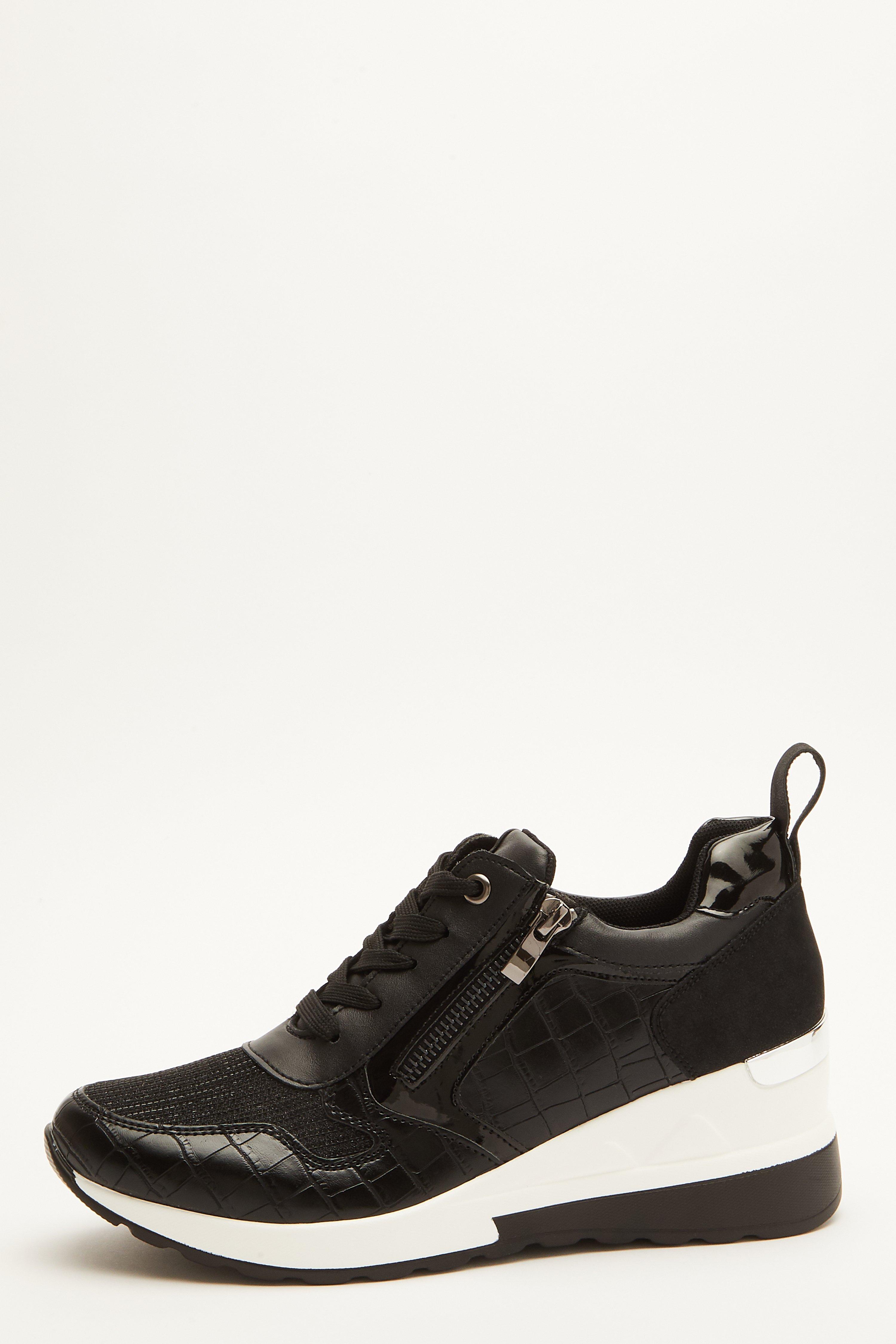 black faux fleece cuff wedge heel trainers