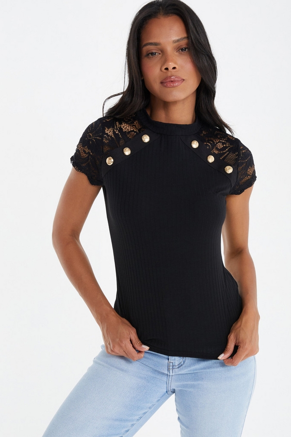 Black Ribbed Lace Top