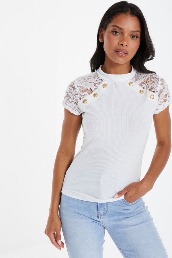 Cream Ribbed Lace Top