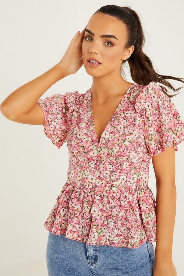 Pink Floral Frill Top