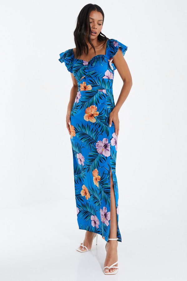 Blue Tropical Print Maxi Dress