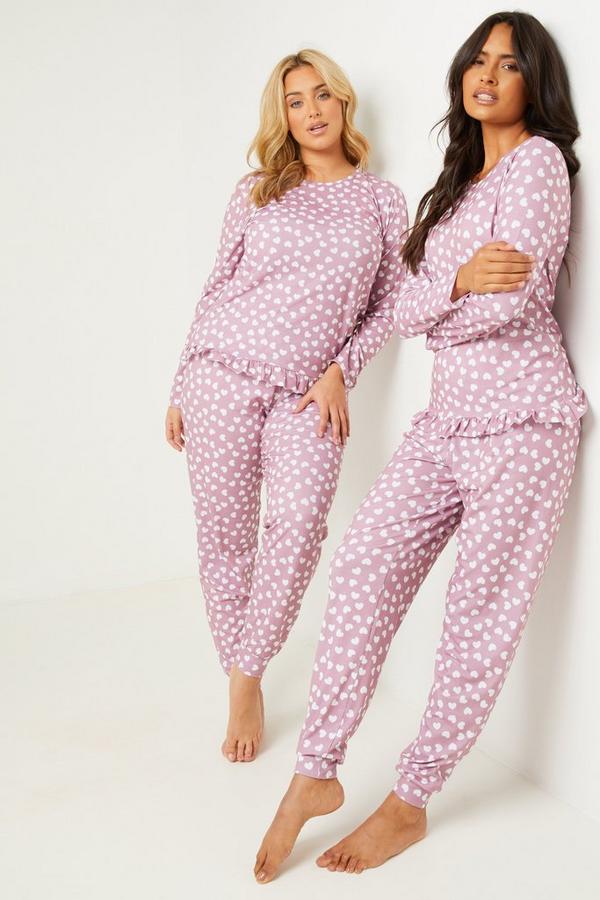 Pink Heart Print Long Pyjama Set