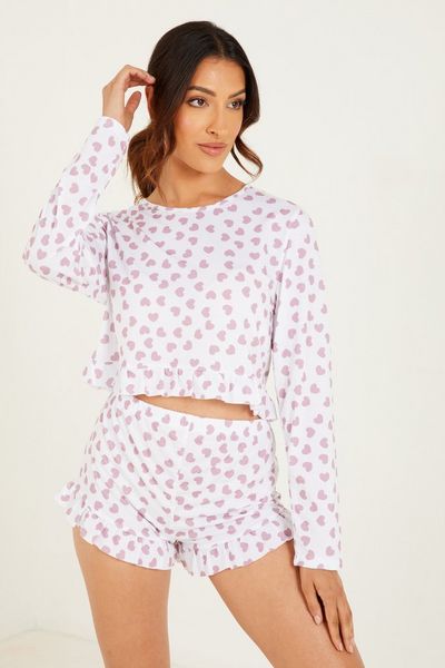 White Heart Print Short Pyjama Set