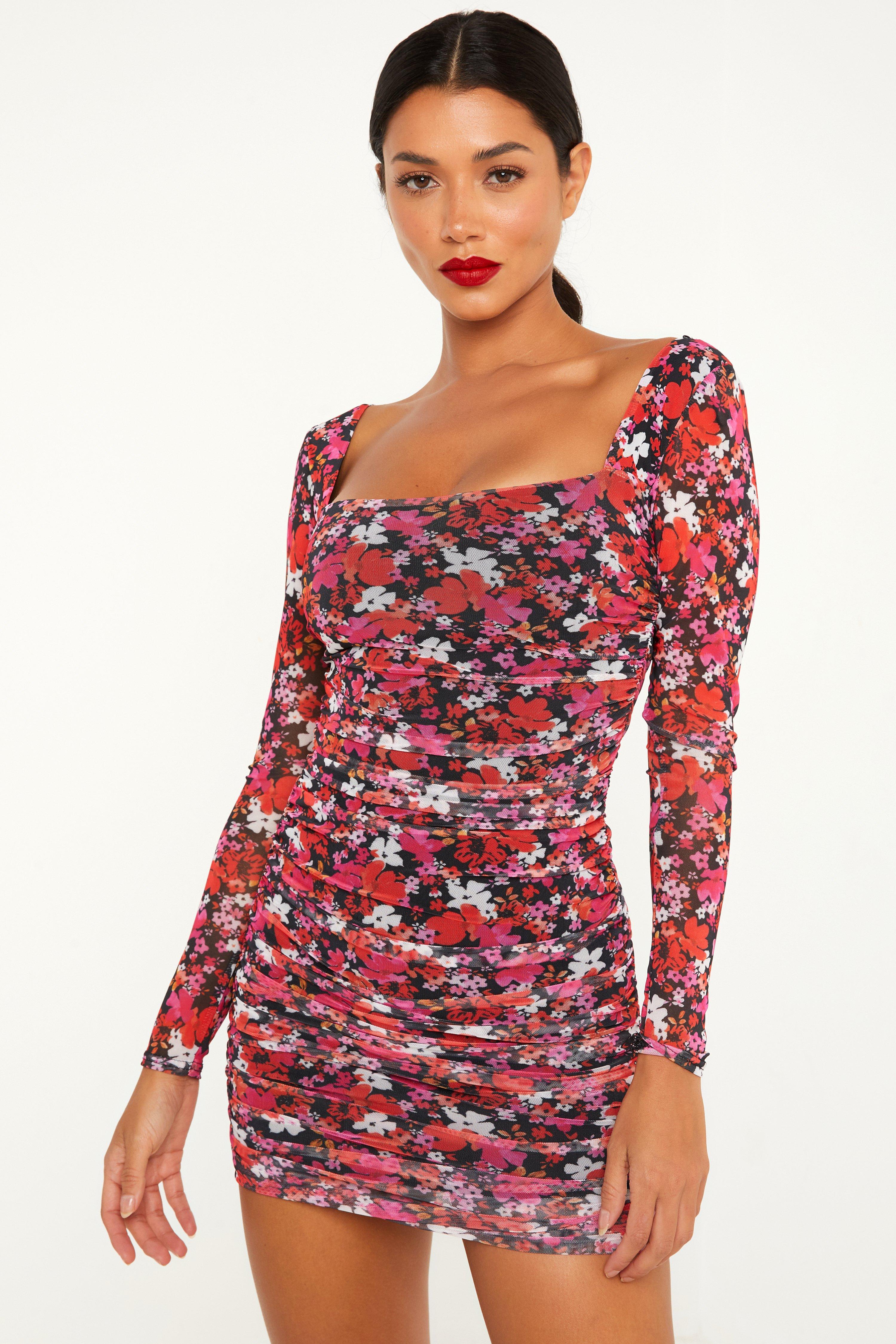 Pink Floral Ruched Bodycon Dress